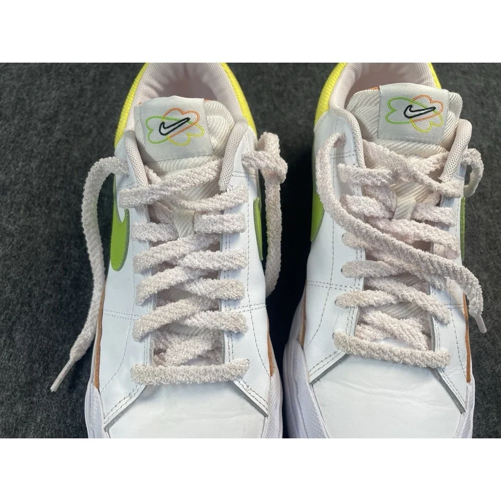 Nike White Sneakers with Lime Green Swoosh and Yellow Collar